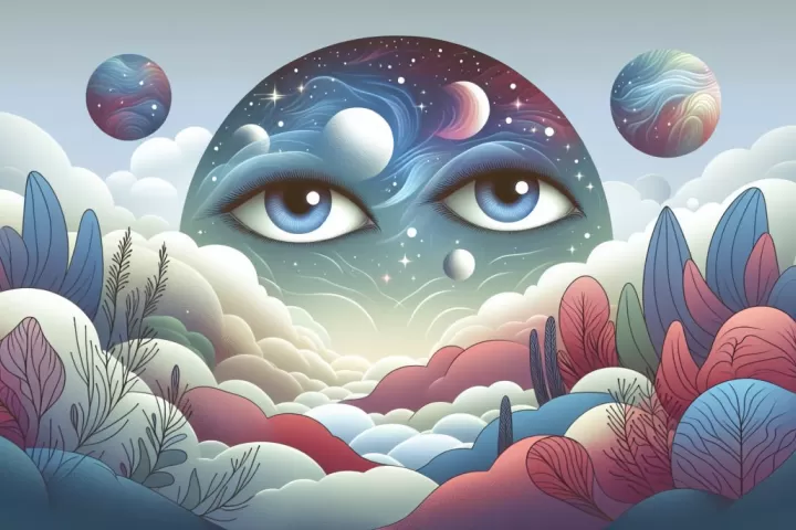 A surreal dream scene filled with luminous eyes watching from darkness, the sky, and surrounding space.