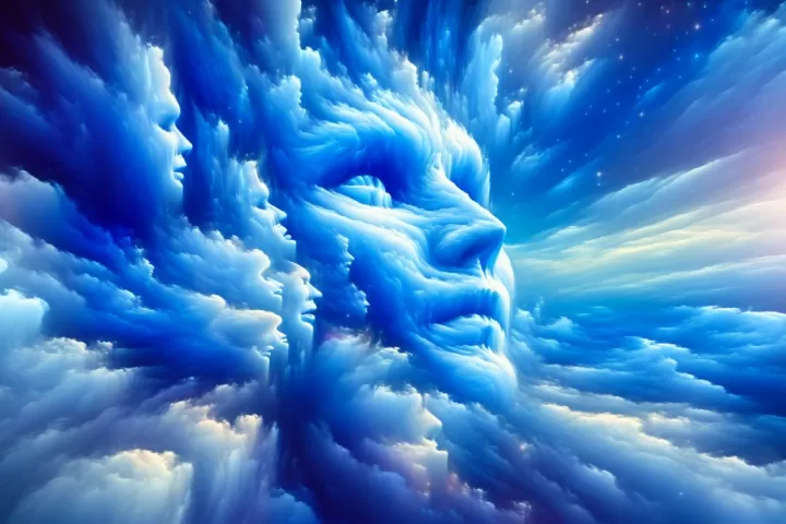 A dreamlike sky where human faces seem to emerge from clouds above a quiet landscape.