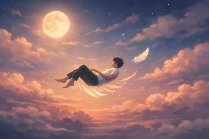 A symbolic illustration of a person floating downward gently like a feather through a calm twilight sky.