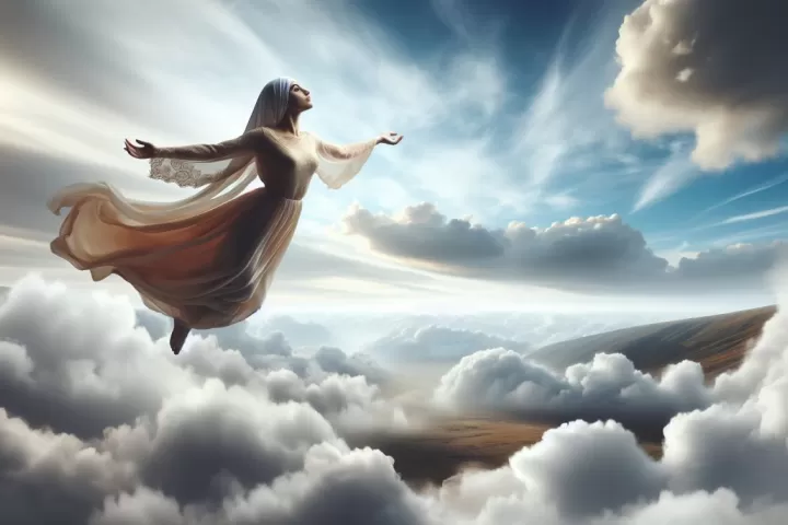 A peaceful figure falling gently through clouds, symbolising trust, release, and emotional calm