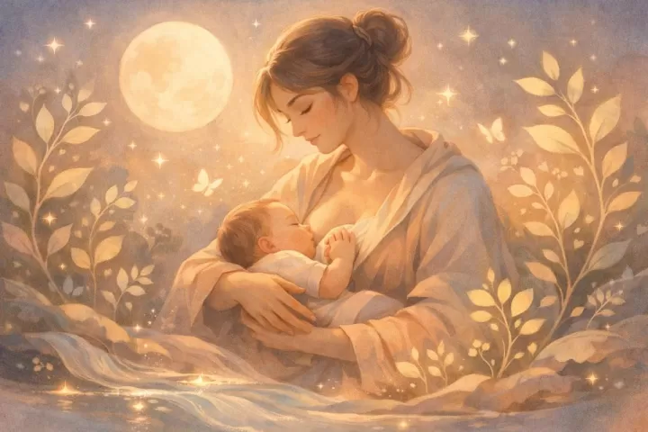 Symbolic illustration of a person feeding a baby under soft moonlight with gentle symbols of growth and care around them.