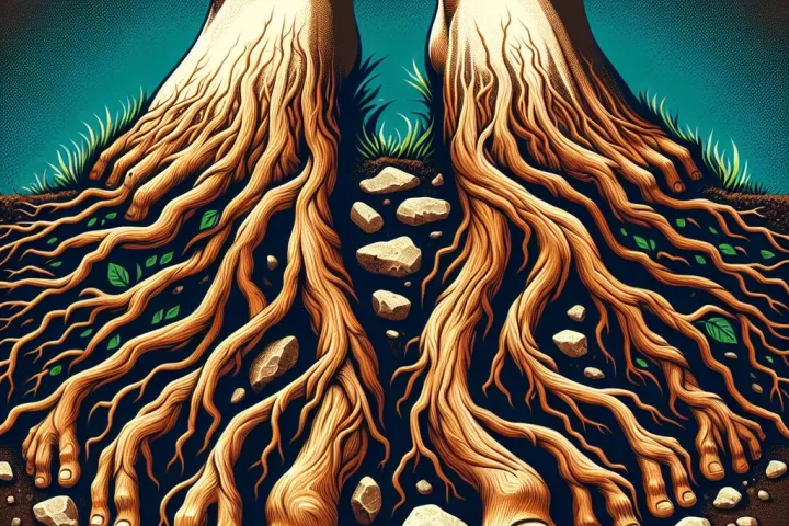 Feet transforming into roots in a surreal dream landscape