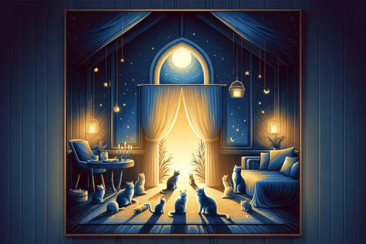 Symbolic illustration of cat family members gathered in a moonlit home interior