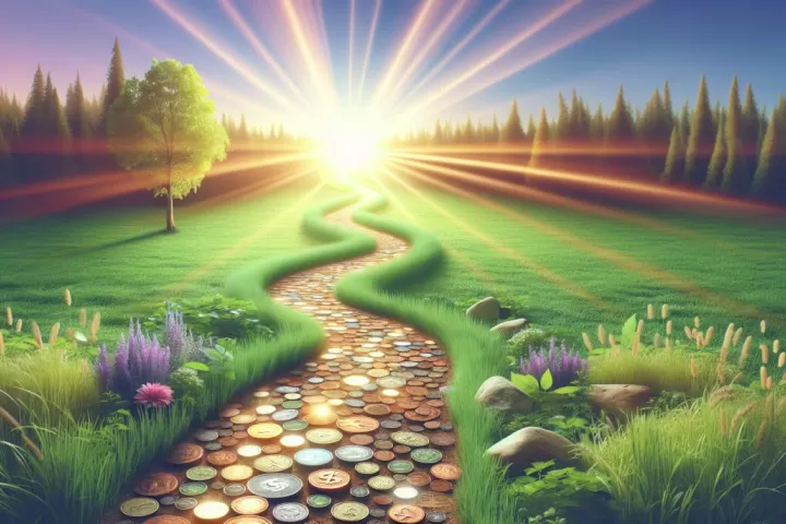 A symbolic dream scene showing coins and notes discovered along a glowing path, representing the meaning of finding money in dreams.