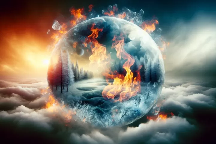 Symbolic illustration of blue fire turning to ice in a dreamlike night landscape