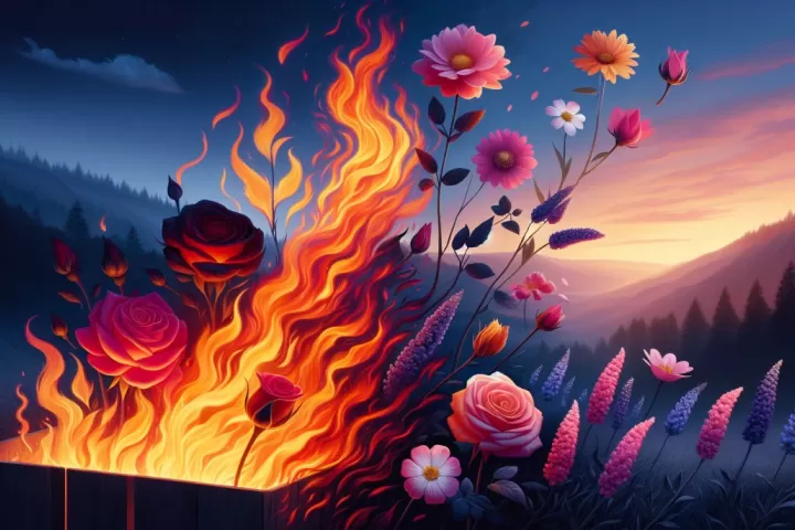 Dreamlike flames transforming into glowing flowers in a dark surreal landscape.