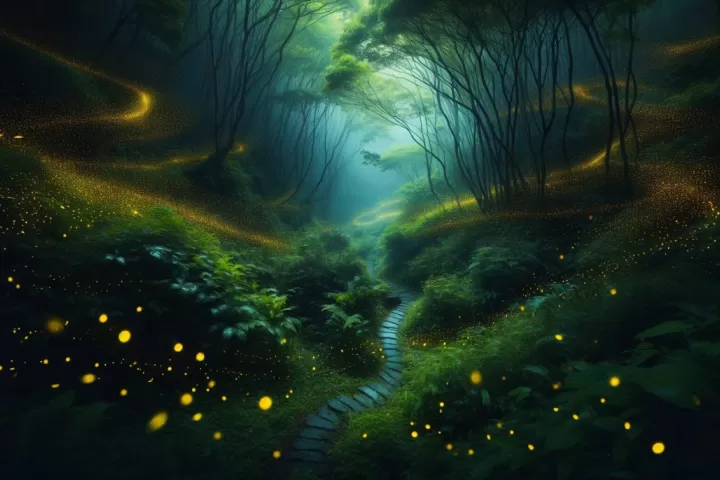 A dark woodland path softly lit by glowing fireflies at night.