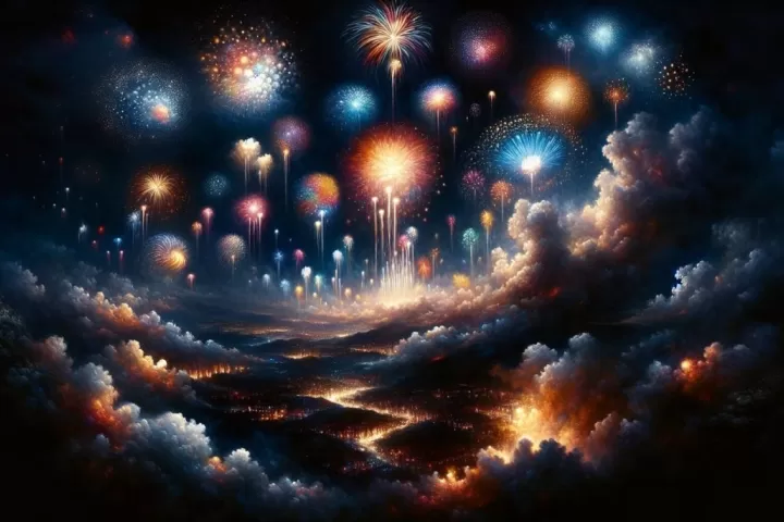 A dreamlike night sky filled with bright fireworks that burst in complete silence.