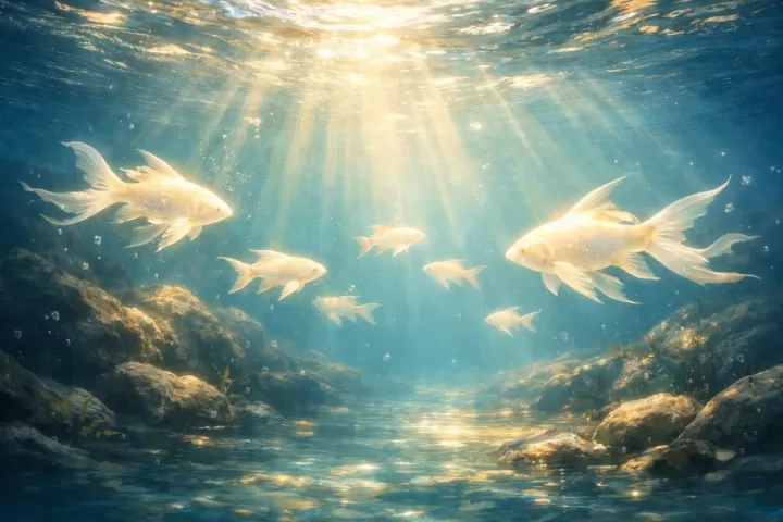 Symbolic illustration of fish swimming in clear water with sunlight shining through