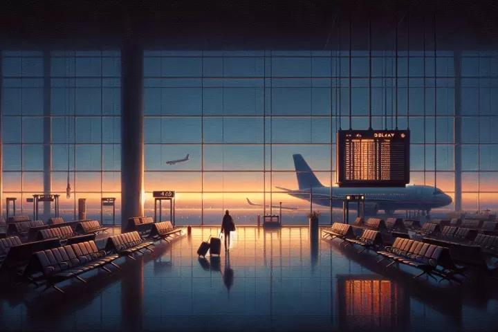 Symbolic illustration of a traveler waiting in an airport lounge while a plane is delayed outside at twilight.