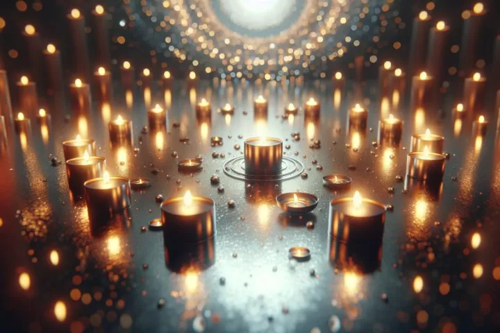 A ring of floating candles glowing on still water in a dreamlike dark setting.