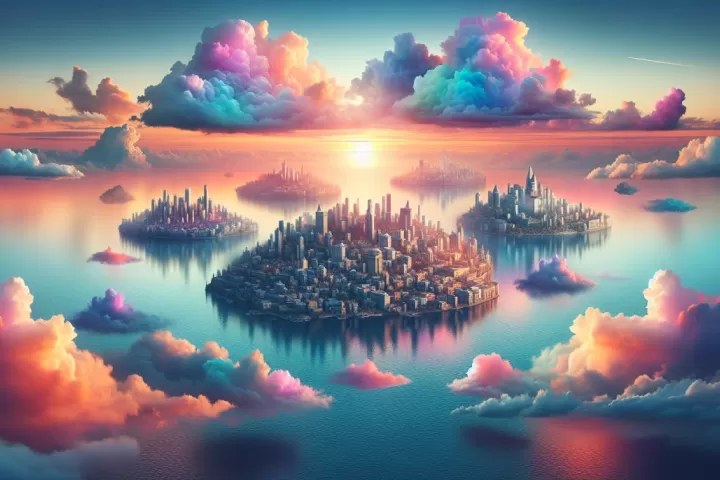 A symbolic city floating high above the earth beneath a luminous dreamlike sky