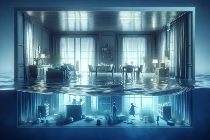 Symbolic illustration of a home interior filling with water under moonlight