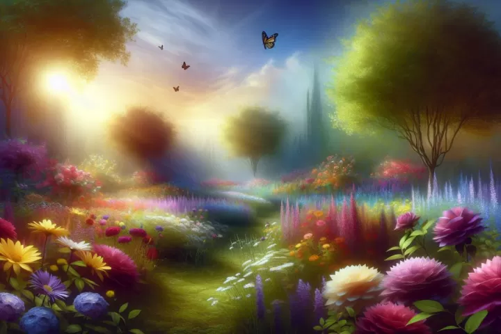 A dreamlike garden filled with blooming flowers under soft light.