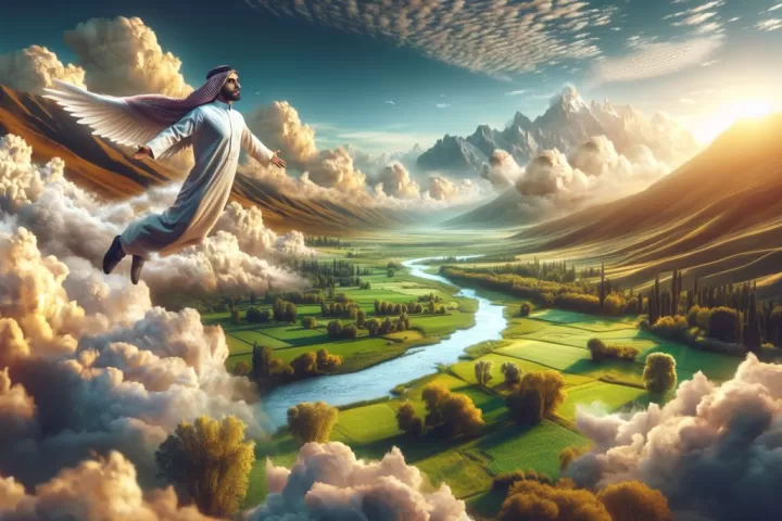 A person flying high through an open sky, symbolising freedom, perspective, and dream expansion.