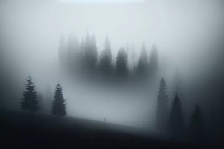 A dim landscape vanishing into heavy fog as the surroundings fade from view.