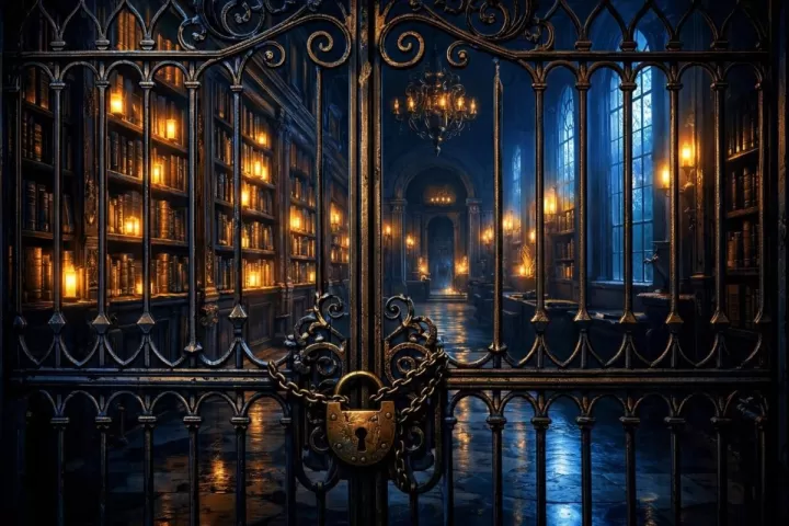 Symbolic illustration of a locked ancient library with glowing books and moonlight