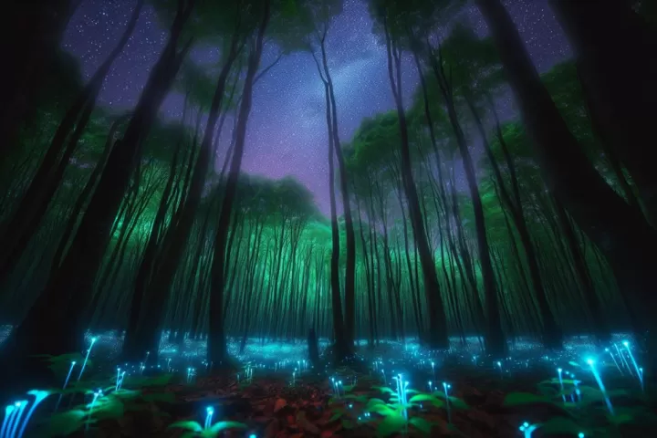 A dreamlike forest glowing at night with luminous trees and a quiet path through the darkness.