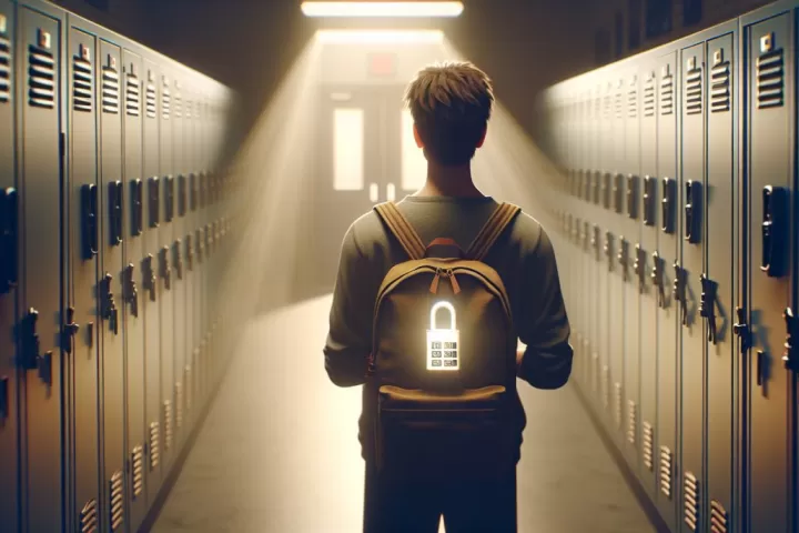 Symbolic illustration of a person in a school hallway unable to remember a locker combination while facing a glowing locker.