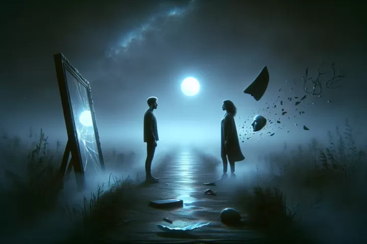 Symbolic dream illustration of a friend turning away on a misty path with a cracked mirror and a theatrical mask nearby