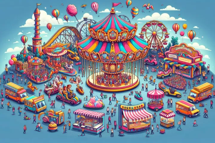 A glowing nighttime fun fair with winding paths and no visible exit
