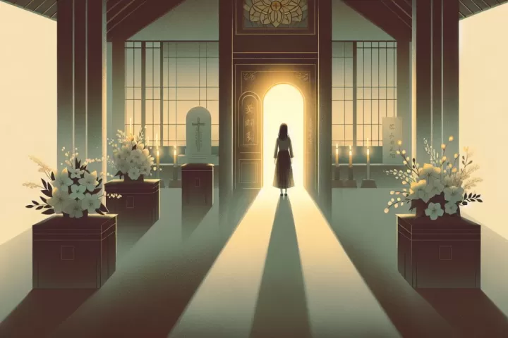 A symbolic funeral hall with no easy exit, reflecting endings, pressure, and emotional transition