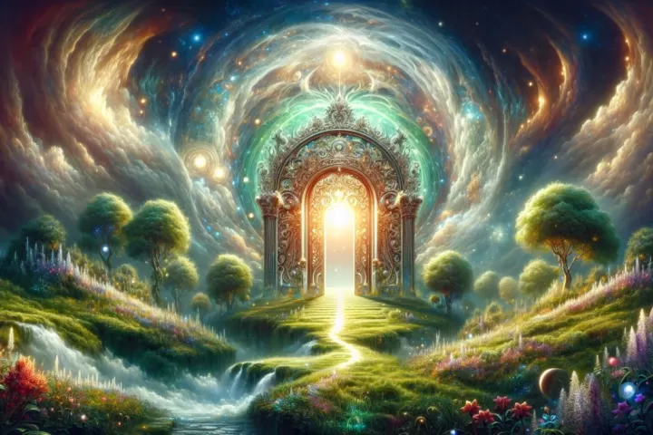 A luminous gate opening into a mysterious otherworldly landscape.