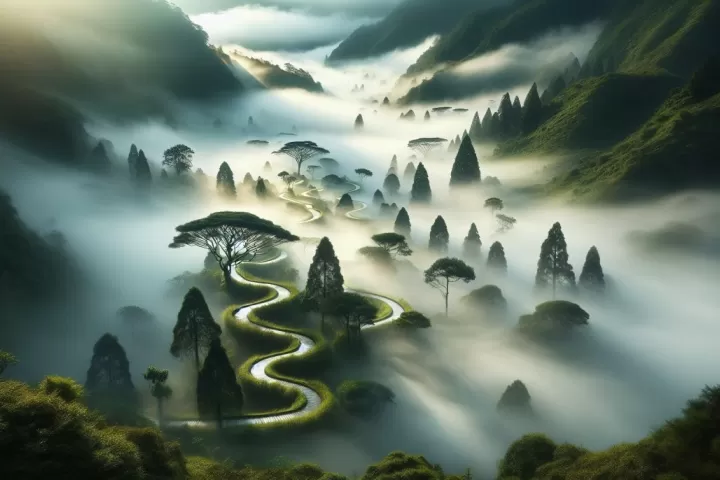 A symbolic dreamlike landscape of winding roads and fog representing the feeling of getting lost.