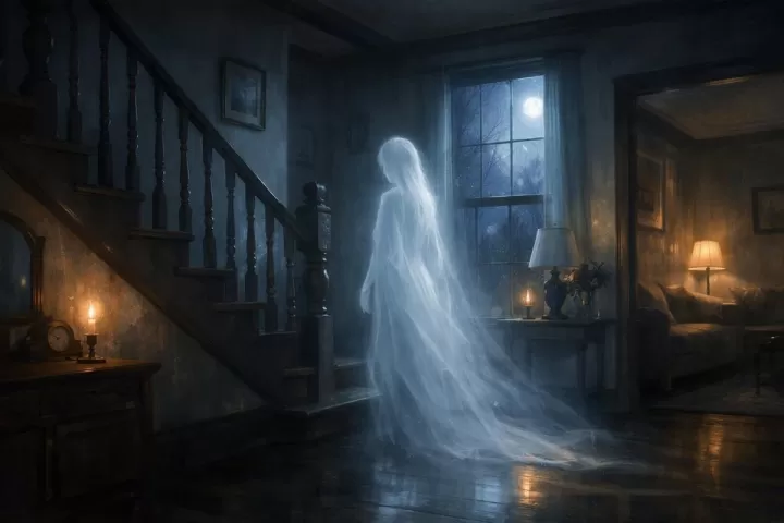 Symbolic illustration of a ghostly figure inside a quiet house at night