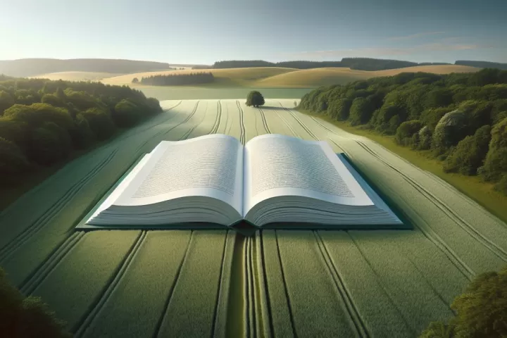 A giant book opening in a dreamlike landscape, symbolising knowledge and revelation.