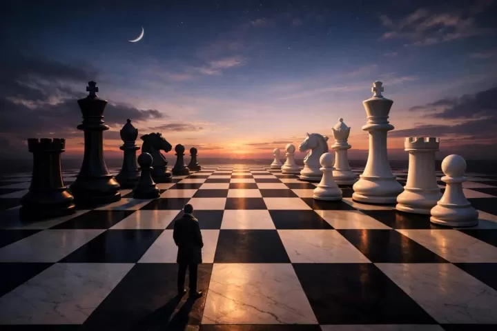 A symbolic illustration of a person standing before a giant chessboard with oversized chess pieces under a twilight sky.