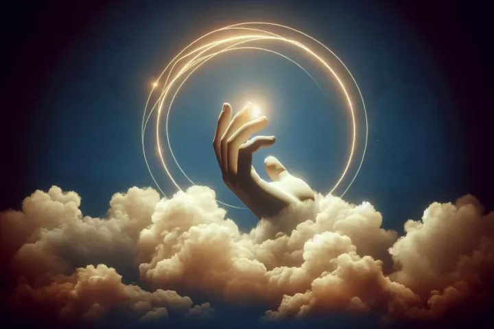 A surreal giant hand reaching from the sky through glowing clouds, symbolising guidance, intervention, and higher power.