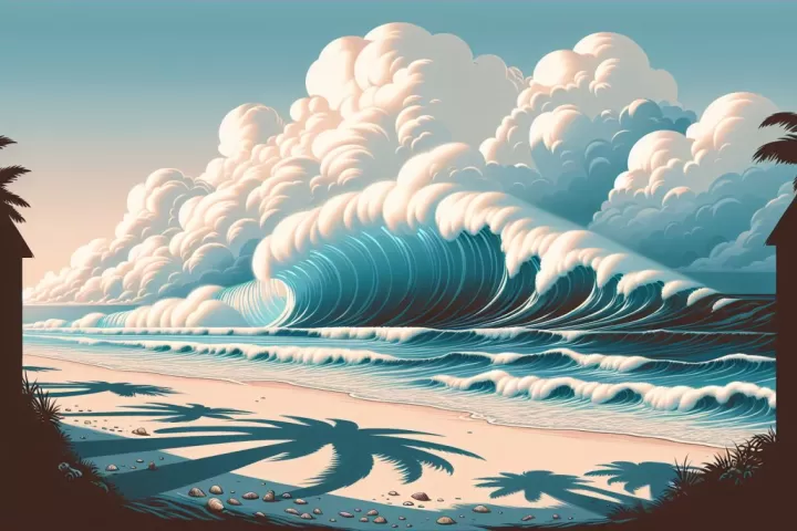 A dreamlike shoreline with giant waves rising toward the coast under dramatic light.