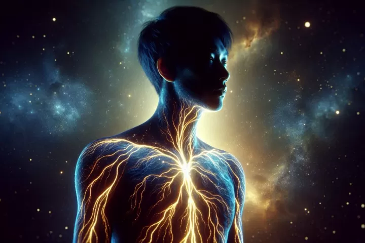 Symbolic illustration of a person with softly glowing veins in a dreamlike dark setting