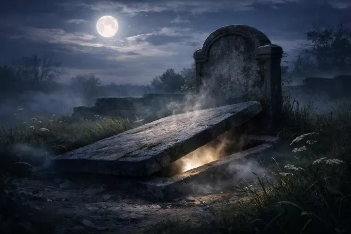 Symbolic illustration of a grave opening in a quiet cemetery at twilight with mist and moonlight
