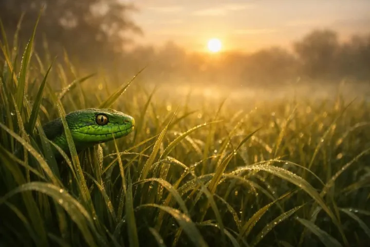 A green snake partly concealed in tall grass under soft morning light