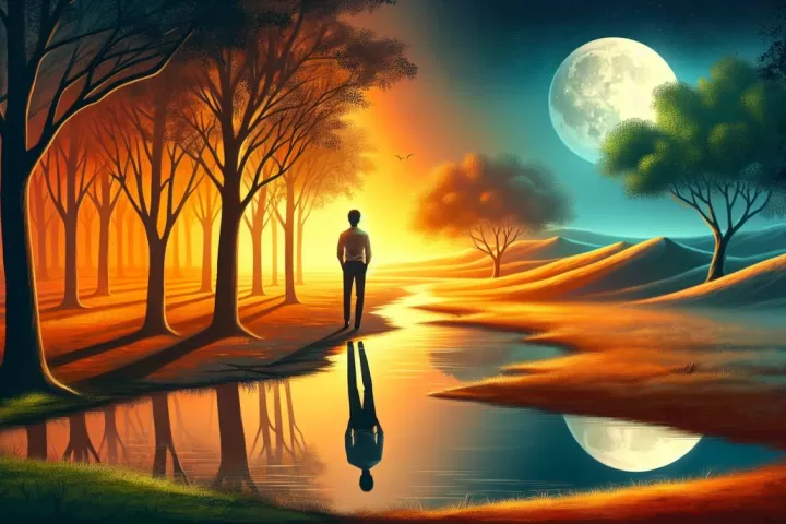 A person standing in dim light while a second shadow stretches beside them.