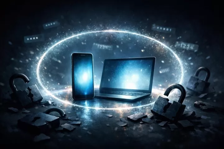 Symbolic illustration of a hacked digital account with broken locks around a phone and laptop