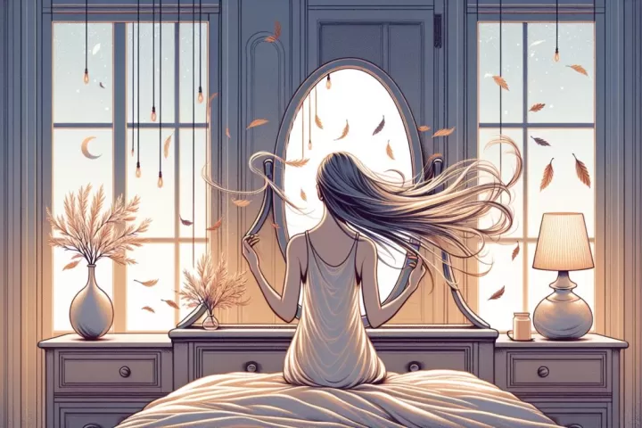 Symbolic illustration of a person seeing hair fall out in a mirror as loose strands drift like leaves in soft moonlight