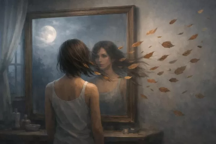Symbolic illustration of a person noticing hair falling out in a mirror while loose strands drift like leaves