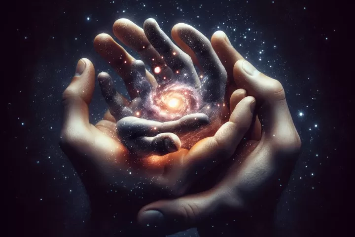 Illustration of two hands cradling a glowing universe filled with stars and cosmic light.