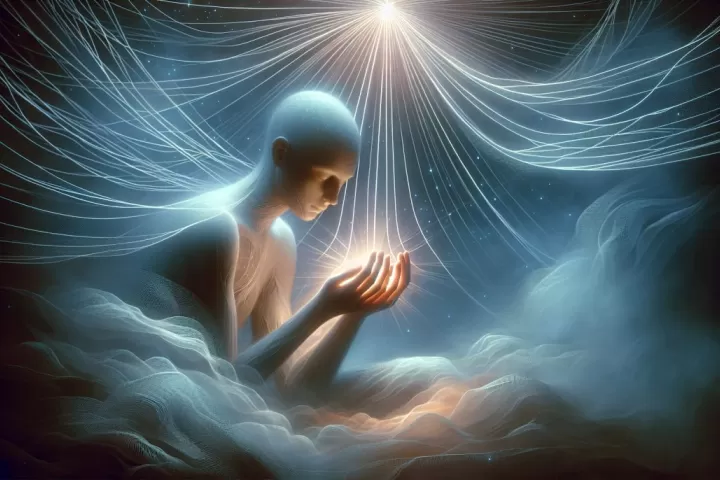 Dreamlike illustration of a person with hands stuck together, symbolising restriction and attachment