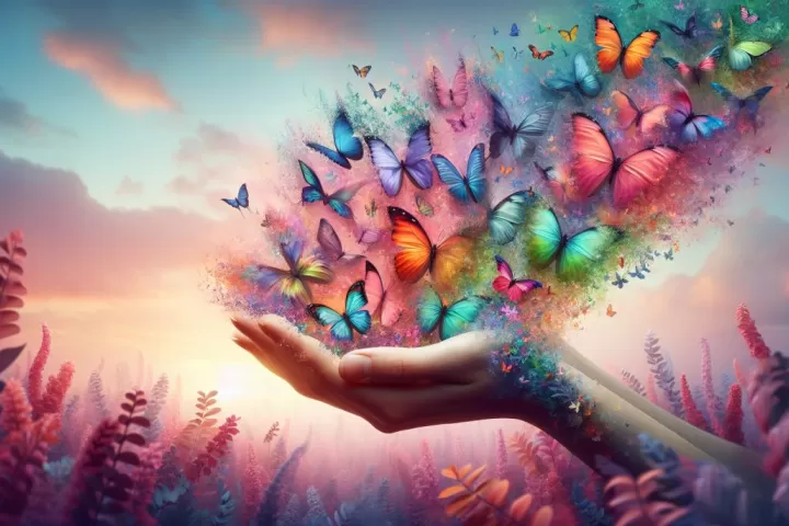Dreamlike image of hands transforming into butterflies with soft glowing light