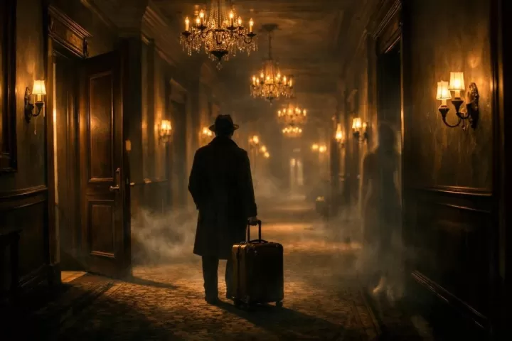 Symbolic illustration of a lone traveler in a dimly lit haunted hotel corridor with mist and open doors