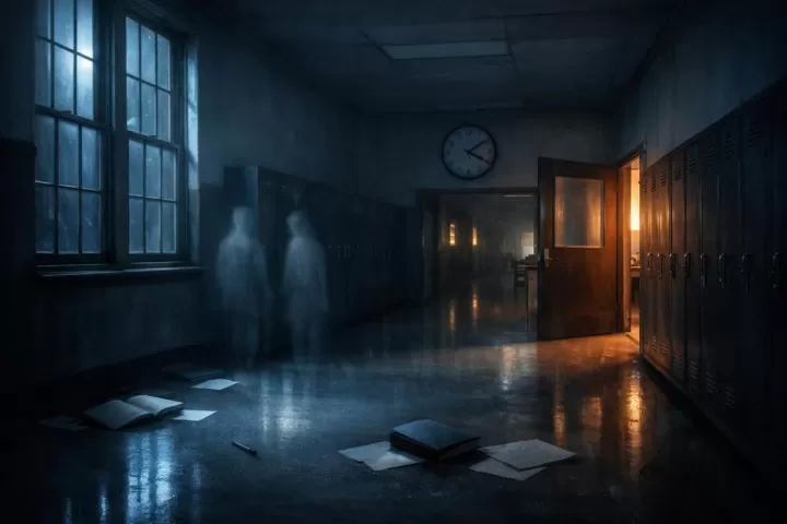 Symbolic illustration of a haunted school hallway at night with ghostly shapes and an open classroom door.