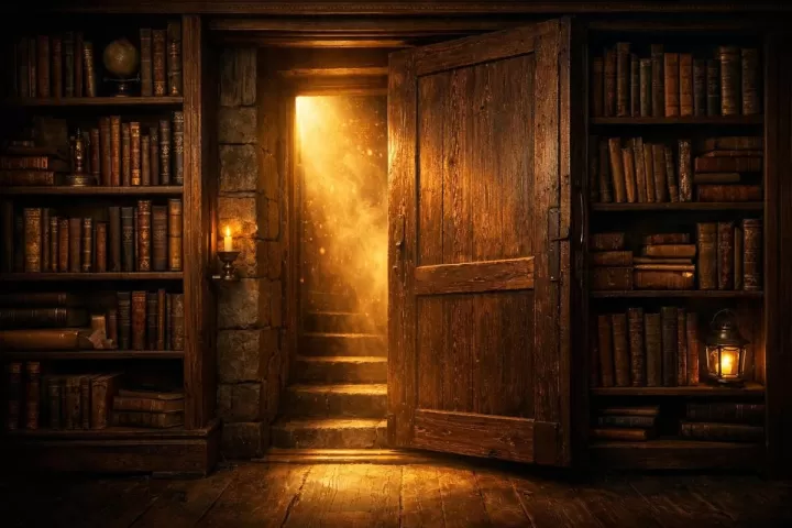 An old bookshelf opening to reveal a softly lit hidden passage in a quiet library