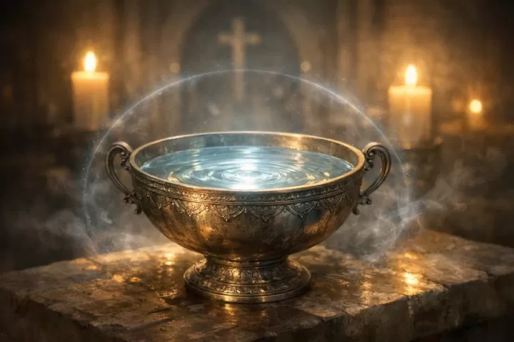 Symbolic illustration of glowing holy water in a sacred setting with soft light and calm ripples