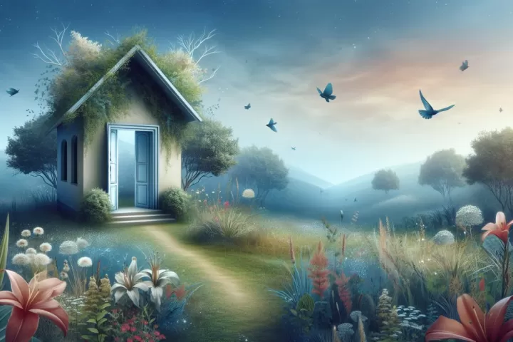 A quiet dreamlike house without doors glowing in the dark, suggesting vulnerability, mystery, and emotional exposure.