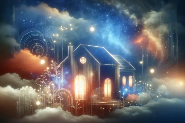 A dreamlike house with various rooms against a night sky.