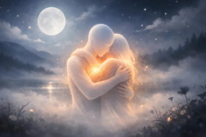 Symbolic illustration of two glowing figures hugging in a calm dreamlike night landscape